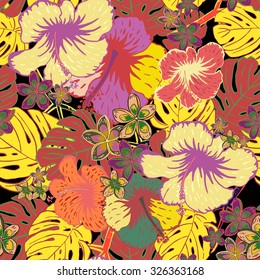 Abstract seamless hand drawn background. Tropical red, orange and yellow hibiscus flowers and colorful palm leafs. Vector illustration.