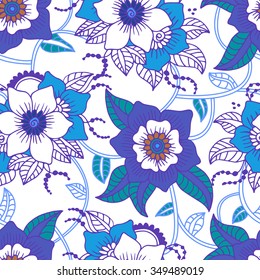 Abstract seamless hand drawn background.Blue flowers and leafs. Vector illustration.