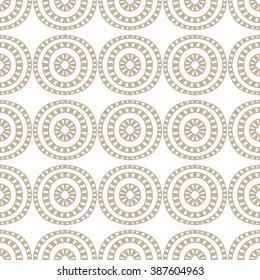 Abstract seamless hand drawn beige zenart pattern from circles and stripes on white background. Design element for background, textile, paper packaging and other. Vector illustration.