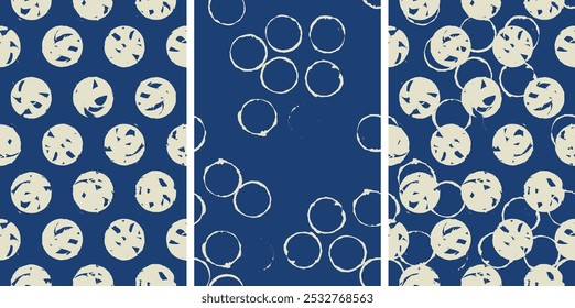 Superficie Abstractas dibujada a mano del patrón de la línea del pincel, punto mínimo simple, diseño circular en azul índigo y blanco, textura de tela de fondo de estilo tranquilo japonés buena para estacionario, textil