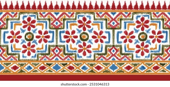 Diseño abstracto de la frontera étnica dibujado a mano sin fisuras en la impresión de Ikat. Diseño tradicional de la frontera de la frontera de Mughal. Diseño geométrico de borde textil de Vector.