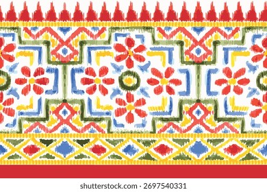 abstract seamless hand drawn ethnic border design in  ikat print. traditional mughal border.azetec pattern border design.