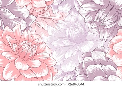 Abstract seamless hand drawn floral pattern with dahlias flowers. Vector illustration. Element for design.