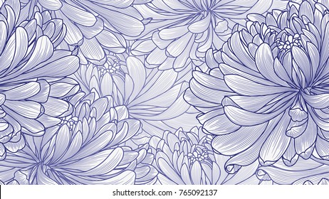 Abstract seamless hand drawn floral pattern with chrysanthemum flowers. Vector illustration. Element for design.