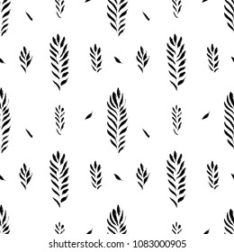 Abstract seamless hand drawn pattern. Modern grunge texture with botanical motif. Monochrome brush painted background.