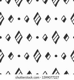 Abstract seamless hand drawn pattern of rhombuses and dots. Doodle style illustration. Print for decor, packaging, wrapping, fabric, design. Vector monochrome ethnic background.