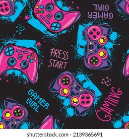 Abstract Seamless hand drawn pattern with joystick. Gamer elements for boy t-shirt design. Repeat print with gamepad sign for boys textile and more
