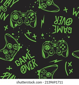 Abstract Seamless hand drawn pattern with joystick. Gamer elements for boy t-shirt design. Repeat print with gamepad sign for boys textile and more

