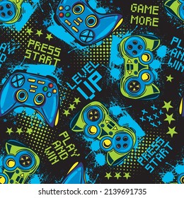 Abstract Seamless hand drawn pattern with joystick. Gamer elements for boy t-shirt design. Repeat print with gamepad sign for boys textile and more

