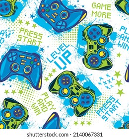 Abstract Seamless hand drawn pattern with joystick. Gamer elements for boy t-shirt design. Repeat print with gamepad sign for boys textile and more
