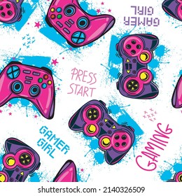 Abstract Seamless hand drawn pattern with joystick. Gamer elements for boy t-shirt design. Repeat print with gamepad sign for boys textile and more
