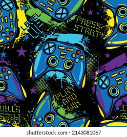 Abstract Seamless hand drawn pattern with joystick. Gamer elements for boy t-shirt design. Repeat print with gamepad sign for boys textile and more
