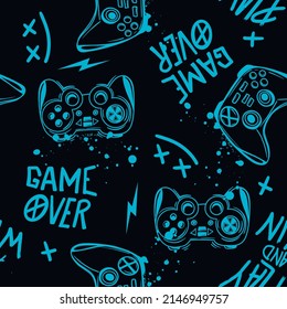 Abstract Seamless hand drawn pattern with joystick. Gamer elements for boy t-shirt design. Repeat print with gamepad sign for boys textile and more
