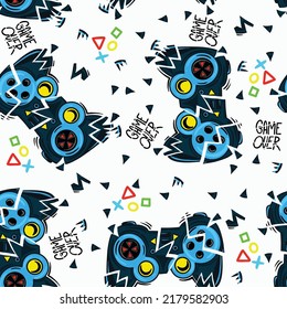 Abstract Seamless hand drawn pattern with joystick. Gamer elements for boy t-shirt design. Repeat print with gamepad sign for boys textile and more
