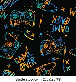 Abstract Seamless hand drawn pattern with joystick. Gamer elements for boy t-shirt design. Repeat print with gamepad sign for boys textile and more
