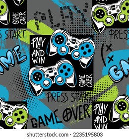 Abstract Seamless hand drawn pattern with joystick. Gamer elements for boy t-shirt design. Repeat print with gamepad sign for boys textile and more
