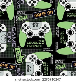 Abstract Seamless hand drawn pattern with joystick. Gamer elements for boy t-shirt design. Repeat print with gamepad sign for boys textile and more
