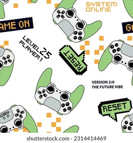 Abstract Seamless hand drawn pattern with joystick. Gamer elements for boy t-shirt design. Repeat print with gamepad sign for boys textile and more
