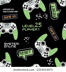 Abstract Seamless hand drawn pattern with joystick. Gamer elements for boy t-shirt design. Repeat print with gamepad sign for boys textile and more
