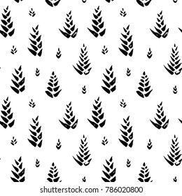 Abstract seamless hand drawn pattern. Modern grunge texture with botanical motif. Monochrome brush painted background.
