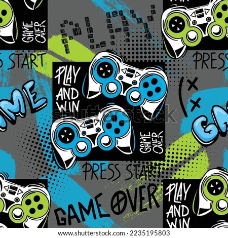 Abstract Seamless hand drawn pattern with joystick. Gamer elements for boy t-shirt design. Repeat print with gamepad sign for boys textile and more
