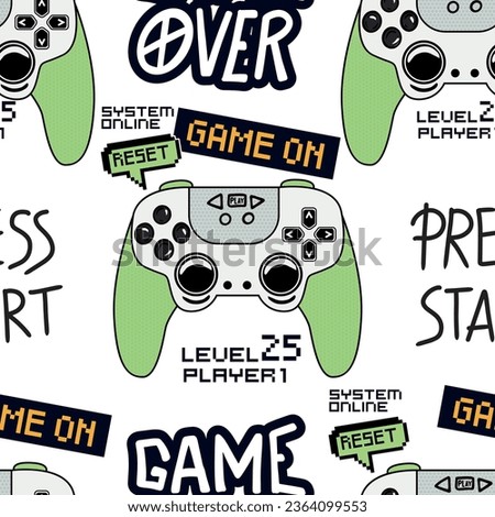 Abstract Seamless hand drawn pattern with joystick. Gamer elements for boy t-shirt design. Repeat print with gamepad sign for boys textile and more

