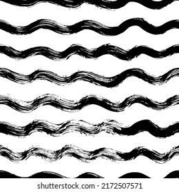 Abstract seamless hand drawn wavy pattern. Black and white curved brush strokes, wavy lines with scribbles and scuffs. Vector ink illustration. Design for backdrops with sea, rivers or water texture