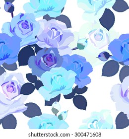 Abstract seamless hand painted background. Isolated blue roses and leafs. Vector illustration.