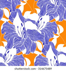 Abstract seamless hand painted background. Isolated blue flowers and white leaves on orange background. Vector illustration.