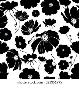 Abstract seamless hand painted background. Isolated black flowers. Vector illustration.