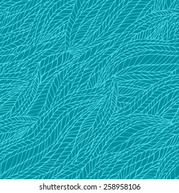 Abstract seamless hand-drawn floral wavy tangle background pattern. Teal blue background.