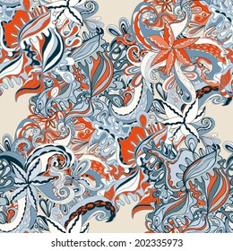 Abstract seamless hand-drawn pattern. Floral wavy texture. Use as pattern fill or surface texture. Full color seamless floral wavy background