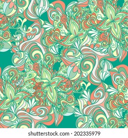 Abstract seamless hand-drawn pattern. Floral wavy texture. Use as pattern fill or surface texture. Full color seamless floral wavy background