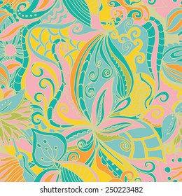 Abstract seamless hand-drawn pattern. Floral wavy texture. Use as pattern fill or surface texture. Full color seamless floral wavy background