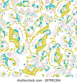 Abstract seamless  hand-drawn pattern with leaves and flowers. Seamless pattern can be used for wallpaper, pattern fills, web page background, surface textures.