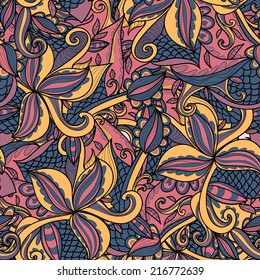 Abstract seamless hand-drawn pattern. Use as pattern fill or surface texture. Full color seamless floral wavy background