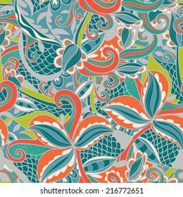 Abstract seamless hand-drawn pattern. Use as pattern fill or surface texture. Full color seamless floral wavy background