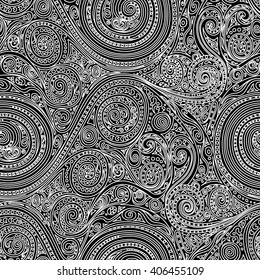 Abstract seamless hand-drawn spiral pattern. Monochrome black and white vector doodle ornament. 