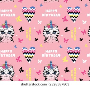 Abstract seamless happy birthday pattern with unicorn cat, butterflies silhouette, lettering. Celebration wrapping paper for girl. Cartoon Kitten repeat print