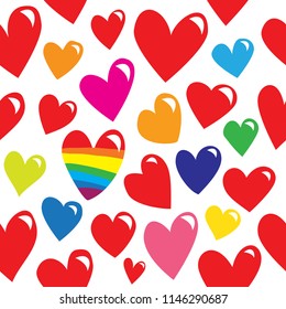 Abstract seamless hears pattern. Multicolored hearts on white background. 