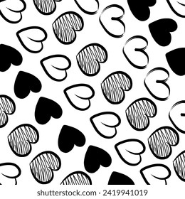 Resumen de un patrón cardíaco sin fisuras. Corta impresión romántica de fondo en blanco y negro. Textura de fondo del Día de San Valentín, ilustración de tinta. Negro y blanco