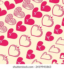 Abstract seamless heart pattern. Cute romantic pink hearts background print. Valentine's Day holiday background texture, Ink illustration. Pink