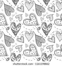Abstract seamless heart pattern ,drawing freehand brush style ,Black and white tone.