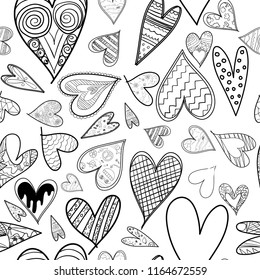 Abstract seamless heart pattern ,drawing freehand brush style ,Black and white tone.