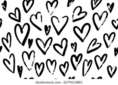 Abstrato padrão de coração sem emenda no estilo grunge, desenhado à mão tinta preta vetor ilustração em preto e branco. Perfeito para têxteis, embalagens e projetos de design decorativo.
