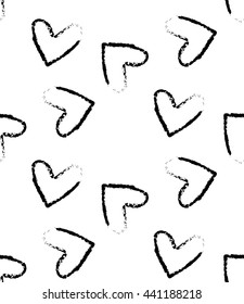 Abstract seamless heart pattern grunge style. Ink doodle illustration, black and white, print for fabric, wallpaper, curtains, posters, vector EPS8.