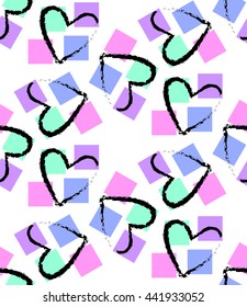 Abstract seamless heart pattern grunge style and colored squares. Ink doodle illustration, black and white, pastel color, print for fabric, wallpaper, curtains, posters, vector EPS8