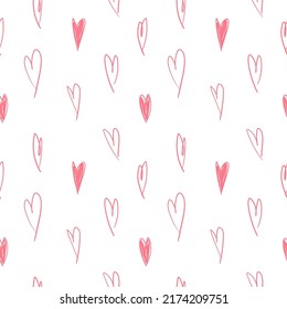 Resumen del patrón cardíaco sin foco. Mano dibujada, rosa y blanco. Vector.