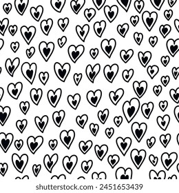 Abstract seamless heart pattern. Hand drawn hearts. Black and white illustration. Vector.