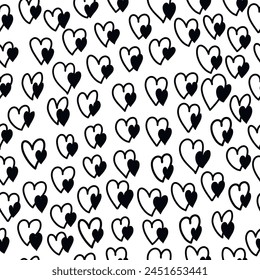 Abstract seamless heart pattern. Hand drawn hearts. Black and white illustration. Vector.